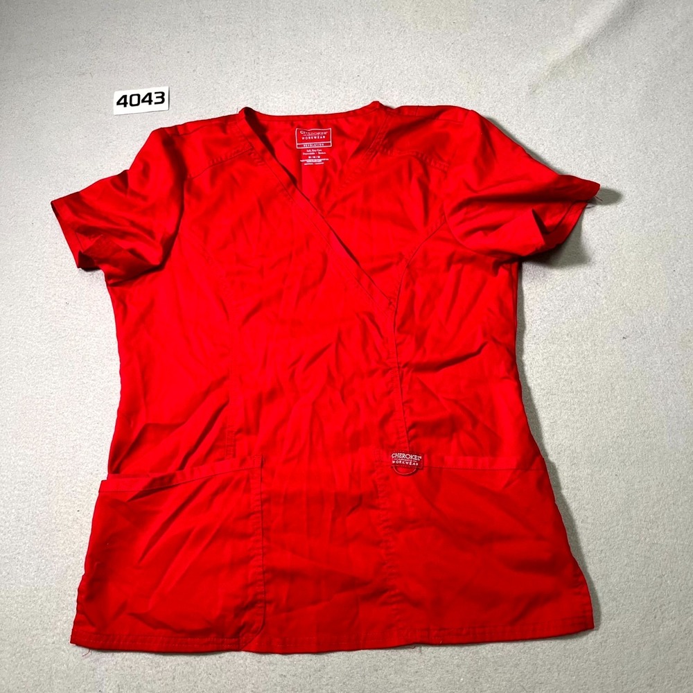 Cherokee Workwear Revolution Mock Wrap Scrub‎ Top Womens Red Stretch Medical